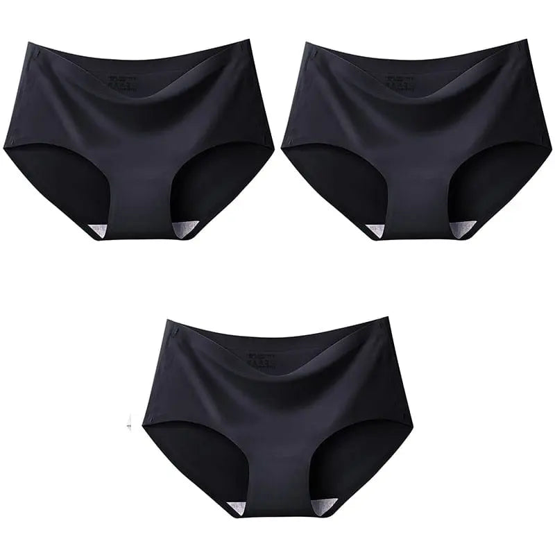 Three pairs of Showlu Fashion seamless ice silk mid-waist panties in multiple colors, soft, comfortable women's lingerie briefs.