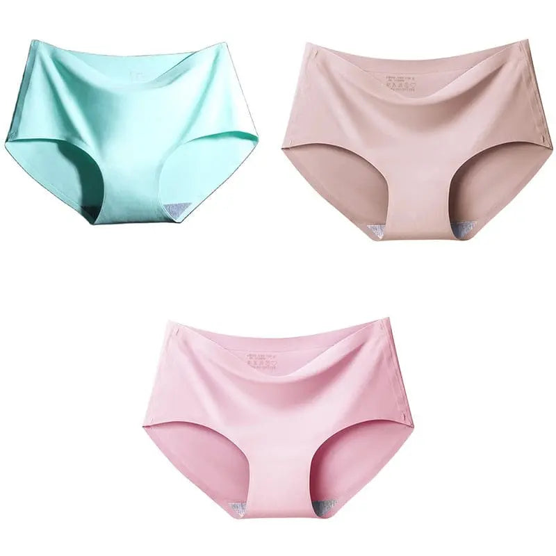 Set of three Showlu Fashion women's seamless ice silk mid-waist panties in multiple colors, comfortable and stretchy lingerie briefs.