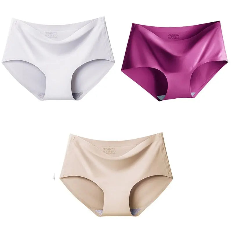 Set of three Showlu Fashion seamless ice silk mid-waist panties for women in multiple colors, comfortable and breathable lingerie.