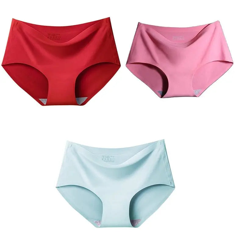 Set of three Showlu Fashion seamless ice silk panties for women, mid-waist briefs in multiple colors, comfortable and breathable.