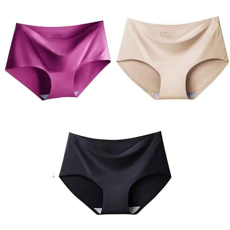 Three pairs of Showlu Fashion seamless ice silk mid-waist panties in multiple colors, designed for women’s comfort and a smooth fit.