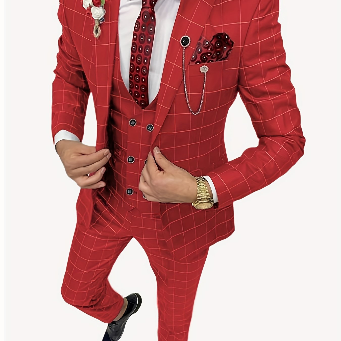 SHOWLU FASHION men's 3-piece slim fit plaid suit with peak lapel tuxedo, featuring jacket, vest, and trousers in classic style.