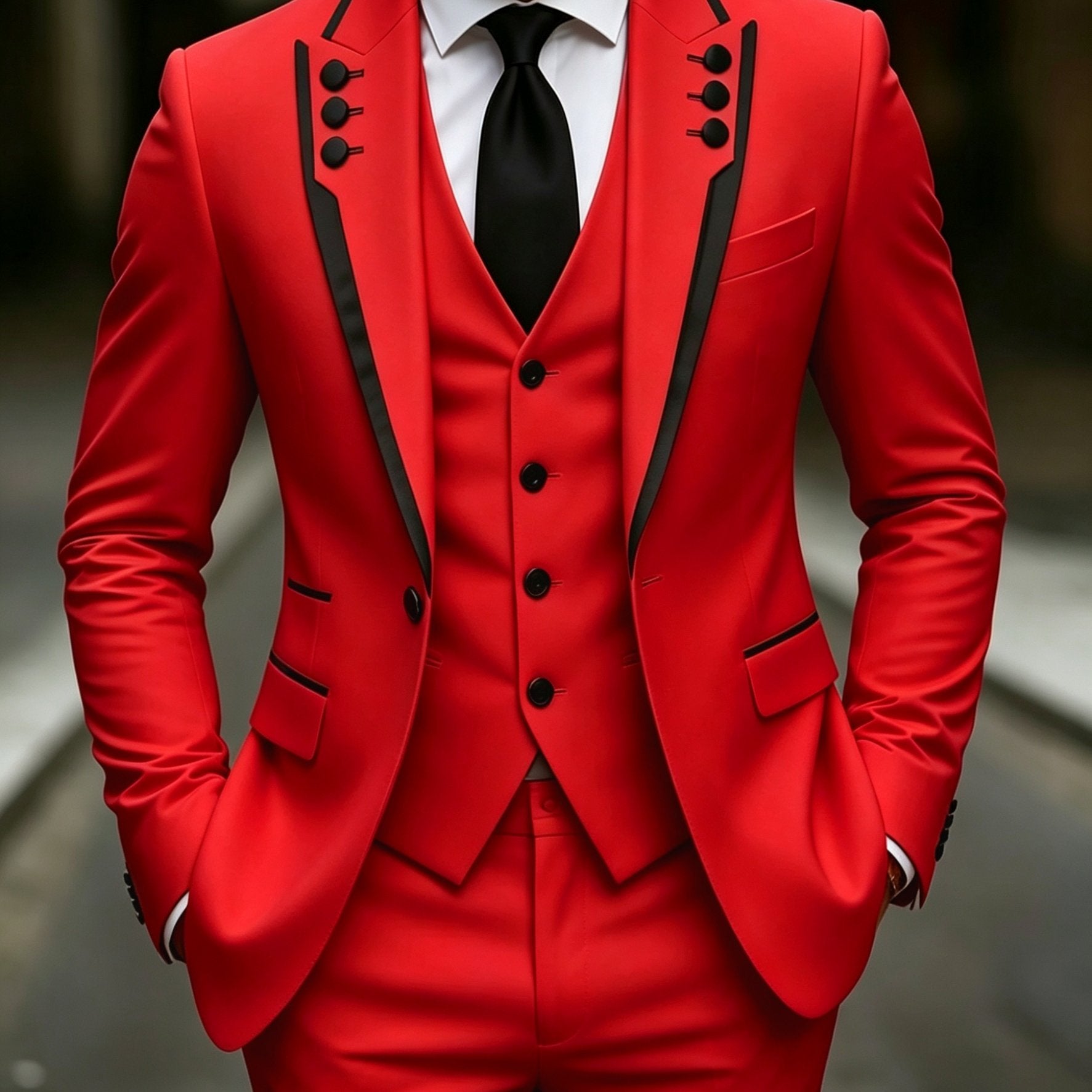 Men's black lapel fringed 3-piece suit set by Showlu Smart General, featuring formal party and wedding dress styles.