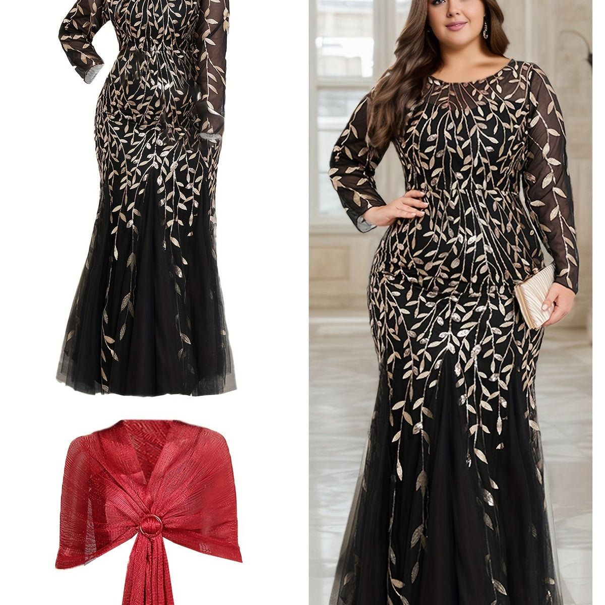 Elegant Plus Size Sequin Embroidered Mermaid Hem Dress with Matching Shawl - Long Sleeve, Crew Neck, Floral Pattern, Beige/Golden & Red Options, Perfect for Weddings, Proms, and Formal Events, Elegant Event Clothing | Glamoro SHOWLU FASHION STORE