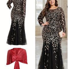Elegant Plus Size Sequin Embroidered Mermaid Hem Dress with Matching Shawl - Long Sleeve, Crew Neck, Floral Pattern, Beige/Golden & Red Options, Perfect for Weddings, Proms, and Formal Events, Elegant Event Clothing | Glamoro SHOWLU FASHION STORE