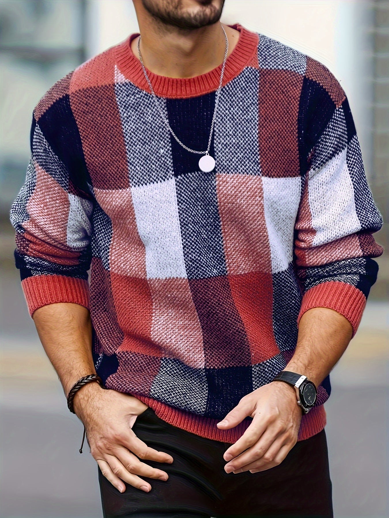 Men's plaid crew neck sweater by SHOWLU FASHION STORE, casual viscose knit pullover with red and navy plaid pattern.