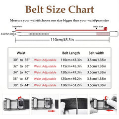 A belt size chart showing measurements for adjustable leather belts with ratchet buckles.