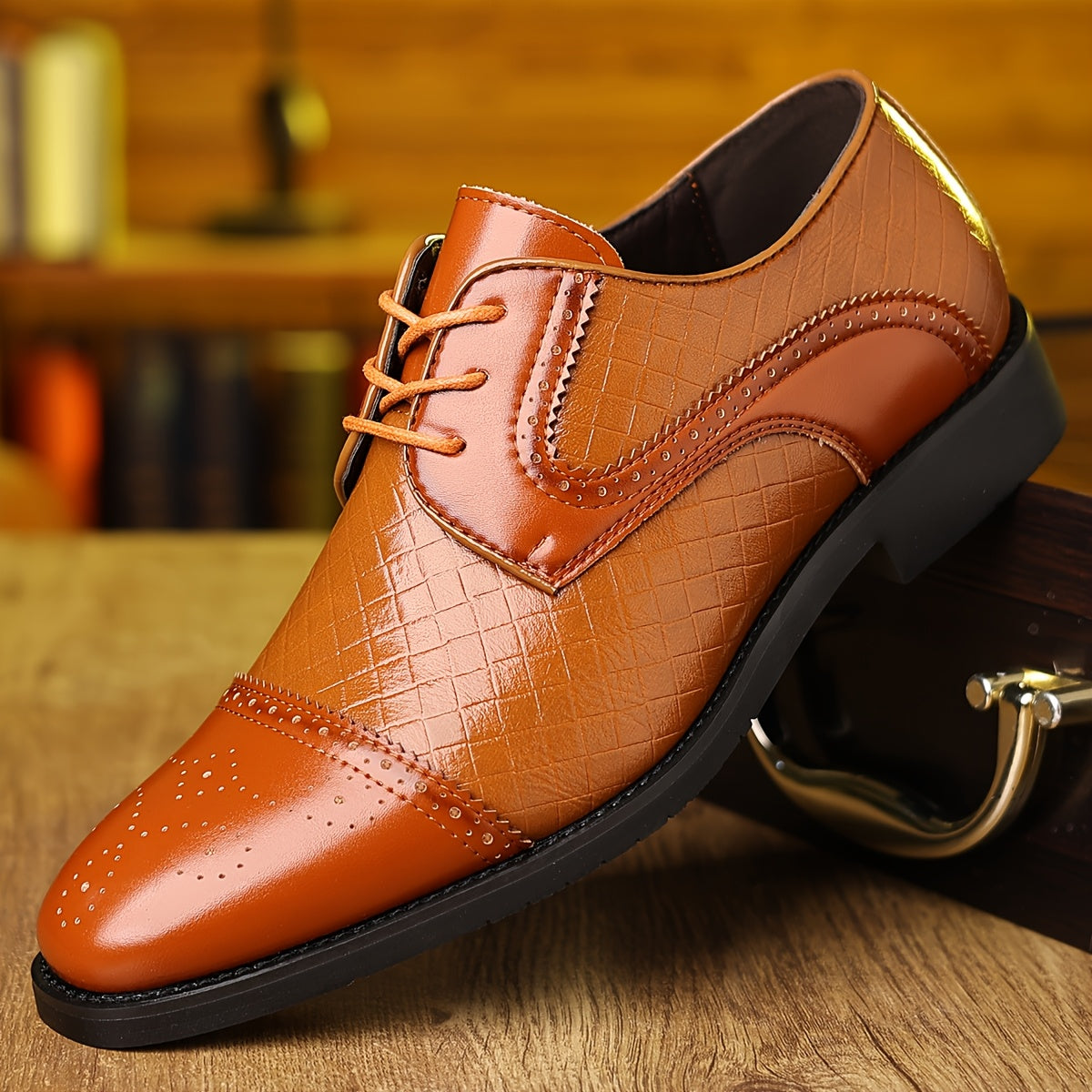 SHOWLU Men's plaid business formal shoes with pointed toe lace-up oxfords, stylish and polished for professional attire.