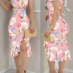 Floral Print Off Shoulder Ruffles Hem Bodycon Dress Sexy Slit Slim Fit Midi Dress