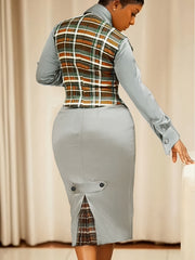 A Stylish Two-Piece Work Outfit Featuring a Checkered Vest And a Fitted Dress, Perfect for Professional Settings.