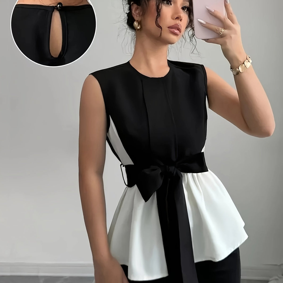 Elegant Women'S Sleeveless Crop Top Blouse with Front Tie - Black & White, Slim Fit, Round Neck, Perfect for Spring and Summer Office or Casual Wear, Spring Fashion | Sleeveless Crop Top | Stylish Bow Detail
