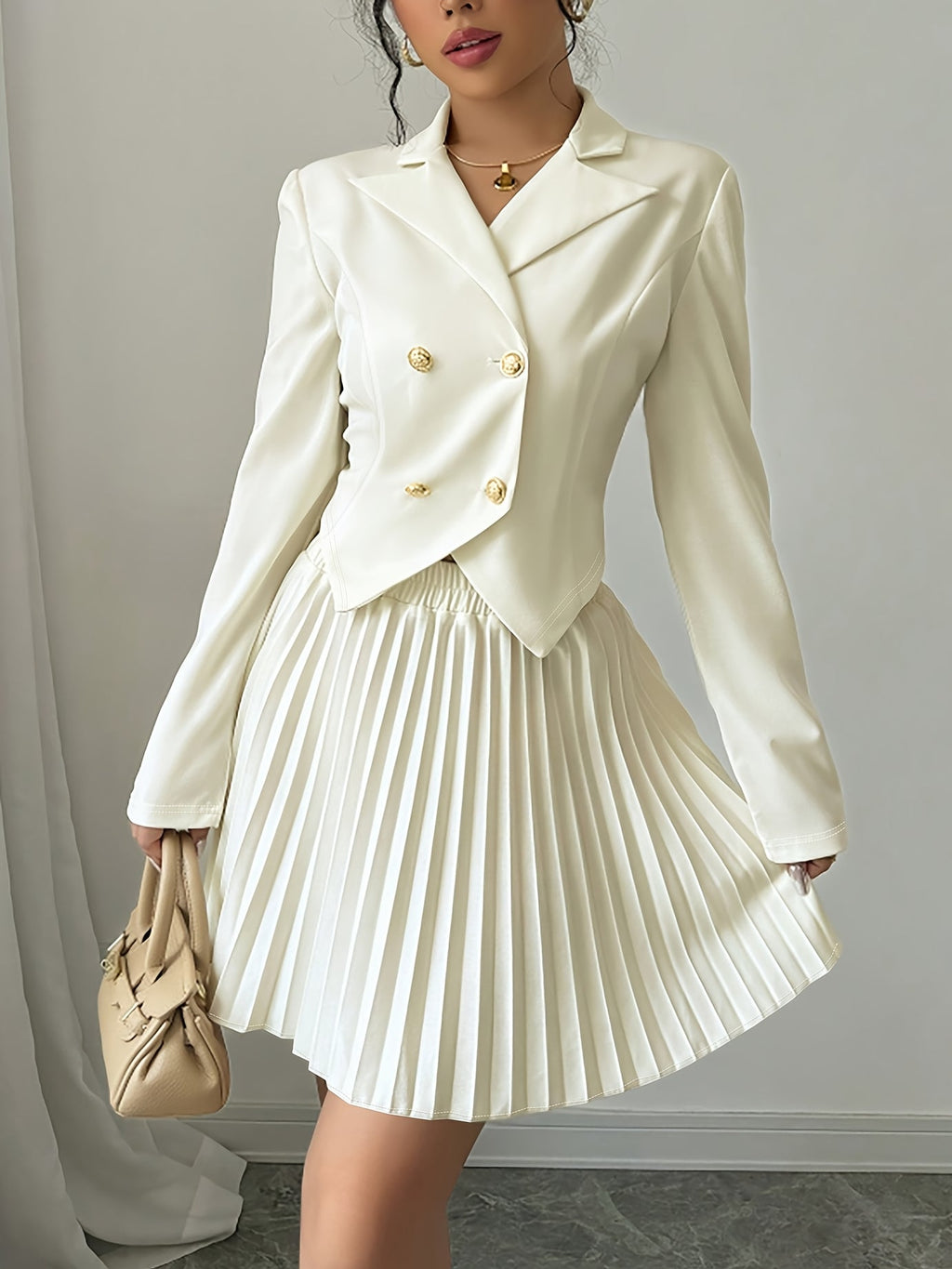 SHOWLU Women's double-breasted lapel suit jacket with matching pleated skirt, stylish formal wear for women.