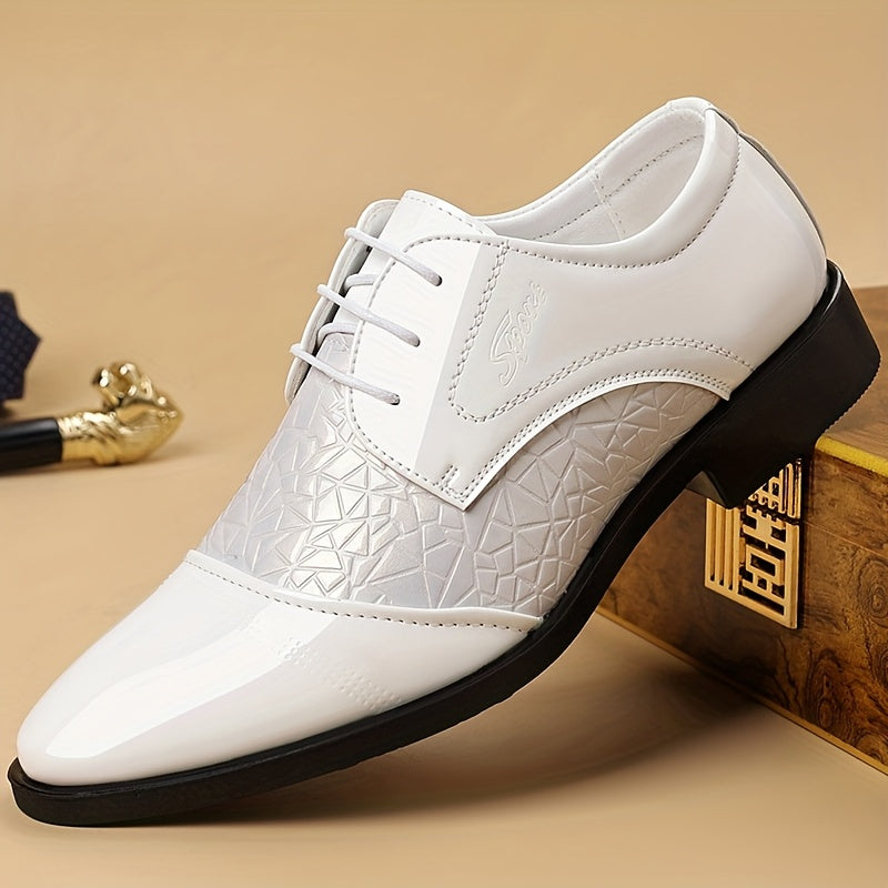 Men's glossy brown faux leather pointed toe dress shoes by Showlu Fashion Store, stylish and perfect for business occasions.