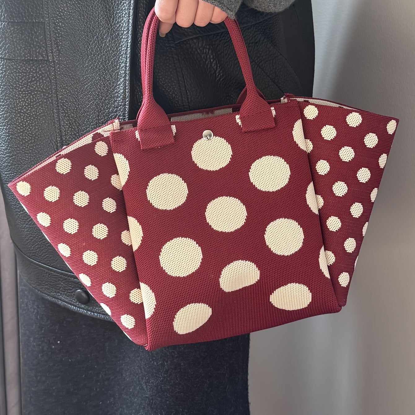 SHOWLU Burgundy Polka Dot Knit Tote Bag, casual foldable handbag with polka dot design, perfect for everyday use