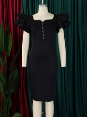 Elegant Dresses For Woman 2025 New Square Neck Ruffles Sleeve Solid Sheath Mid Calf High Quality Ladies Birthday Party Dinner Wear Vestidos Mujer Clothes Wholesale