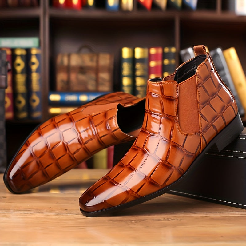 SHOWLU men's pointed toe Chelsea boots with shiny finish, formal short ankle boots ideal for stylish occasions.