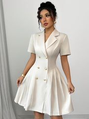 Women'S Elegant French-Inspired V-Neck Double-Breasted A-Line Short Sleeve Dress - Light Beige, Asymmetrical Hem, Button Detail, Perfect for Spring/Summer Commute, Spring Summer Dress | Vneck Dress | Structured Fit