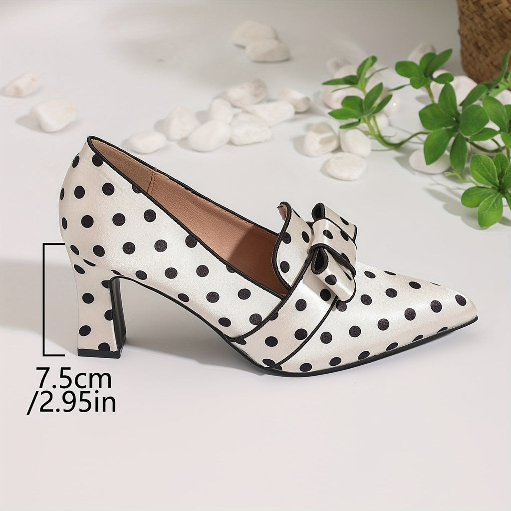 SHOWLU FASHION polka dot bowknot pumps with pointed toe and block high heels, stylish women's footwear.