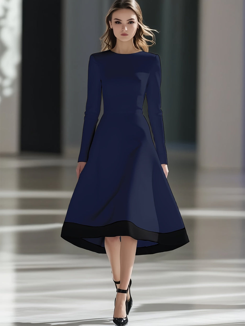 SHOWLU FASHION women's burgundy long sleeve midi dress with A-line knit design, stylish and comfortable for casual wear.