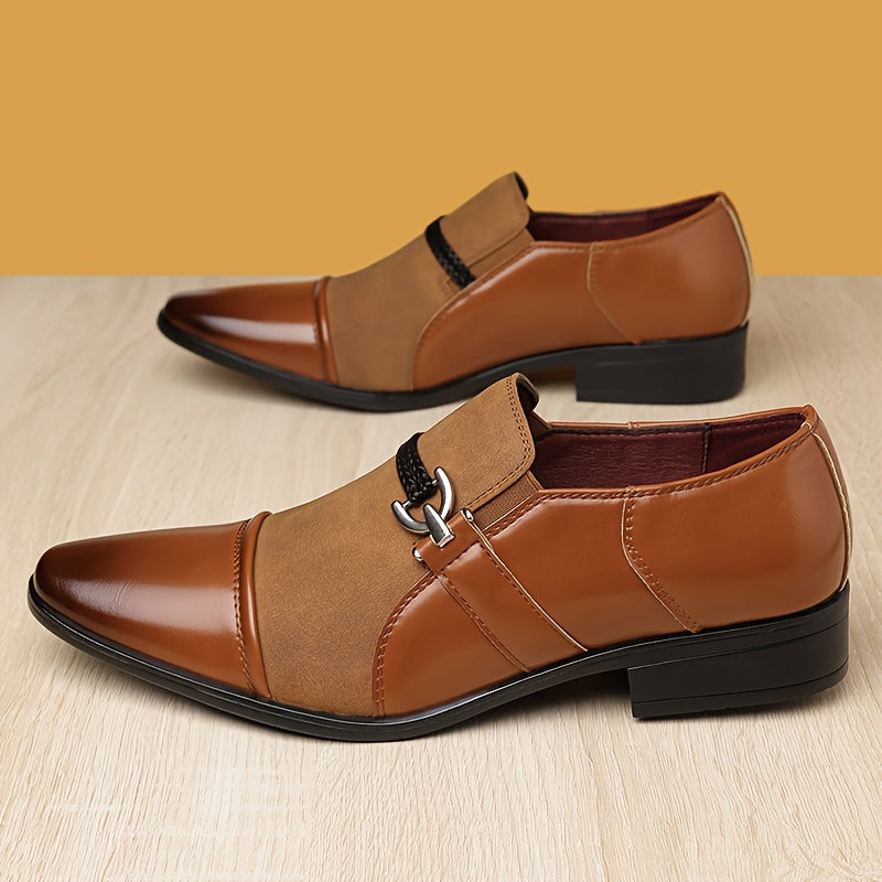 Men's pointed toe slip-on dress shoes by Showlu Fashion Store, made of PU leather, stylish business loafers for formal occasions.