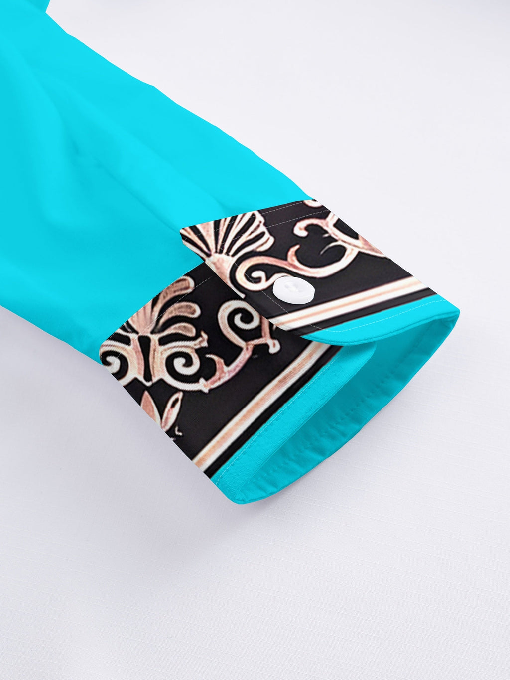 Men's long sleeve ethnic floral shirt by SHOWLU FASHION STORE, turquoise and gold with intricate floral patterns.
