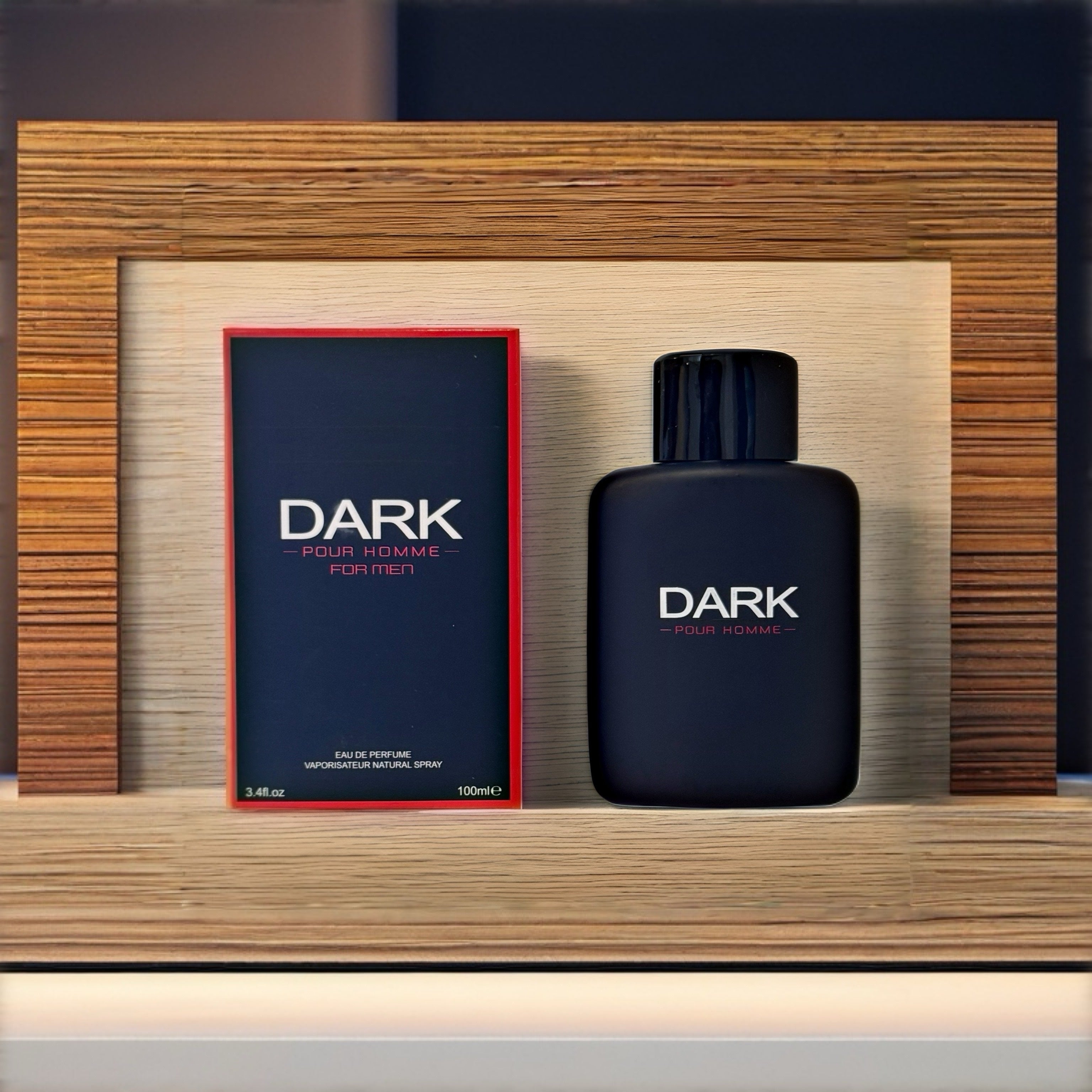 Dark Noir men's Eau de Parfum 3.4oz featuring lavender and lemon scent, stylish black bottle, elegant fragrance presentation.
