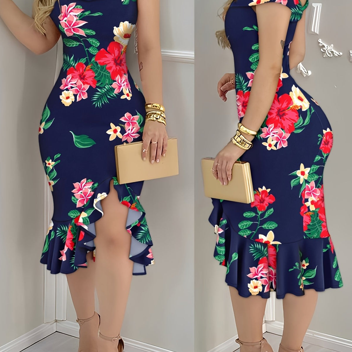 Floral Print Off Shoulder Ruffles Hem Bodycon Dress Sexy Slit Slim Fit Midi Dress
