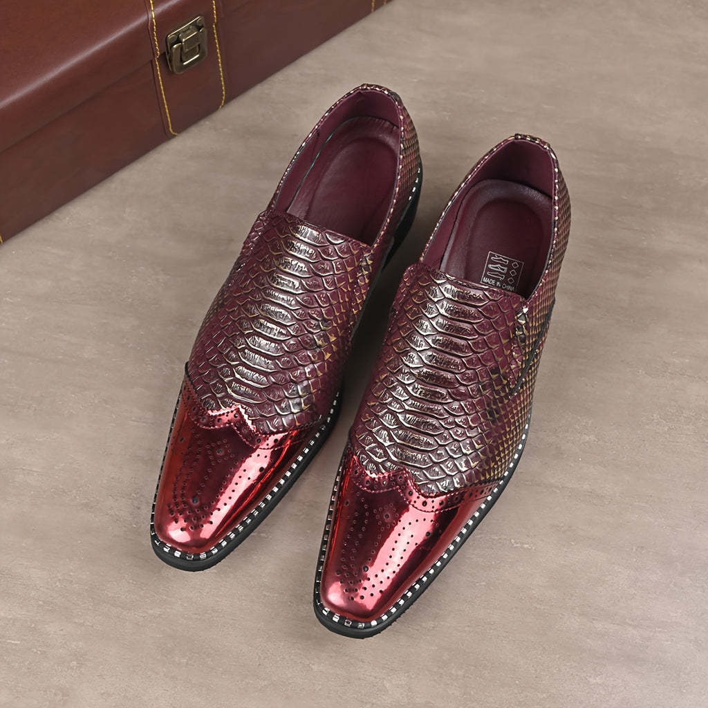 Men's snake scale patchwork slip-on formal shoes with chunky heel from Showlu Fashion Store, featuring a stylish and elegant design.