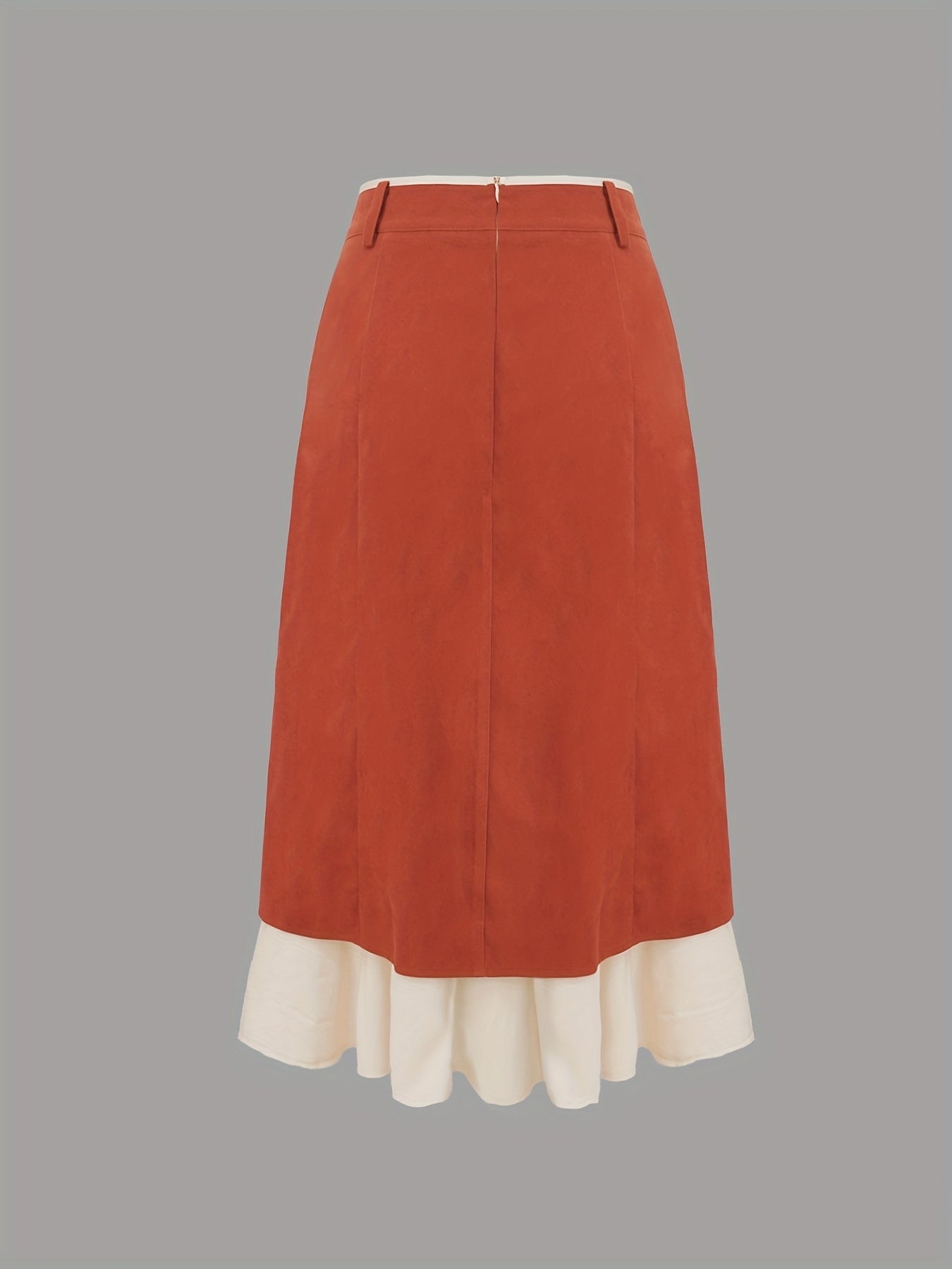 SHOWLU Women's high-waisted side slit skirt in red and white two-tone, stylish and flowy fabric with a bold slit detail.