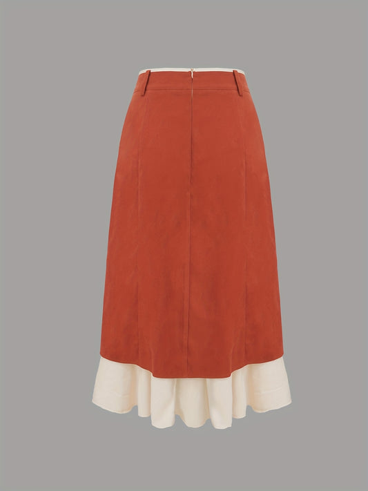 Women'S High-Waisted Side Slit Skirt with Front Button Detail - Red & White Two-Tone Design, Casual Spring/Summer/Fall Office & Casual Attire, High Waisted Skirt, Seasonal Fashion, Structured Silhouette, Durable Fabric