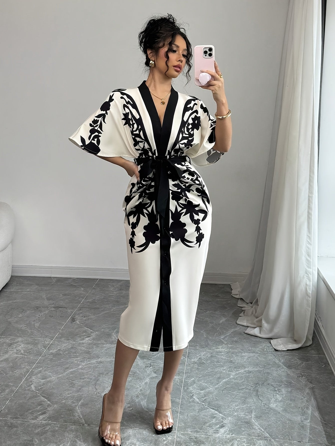 SHOWLU FASHION women's V-neck front tie slim fit summer dress with printed design, perfect for warm weather and casual wear.