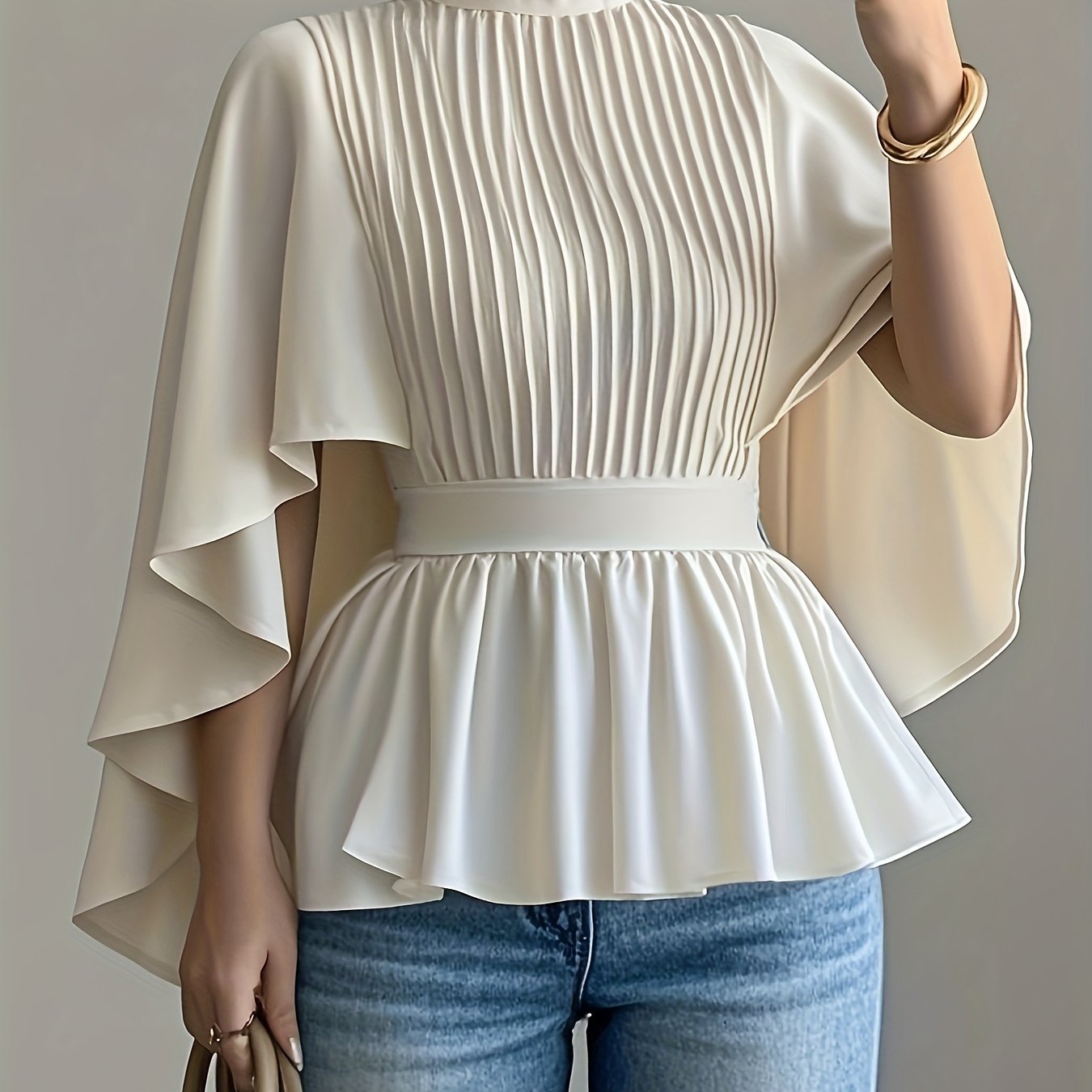 SHOWLU Women's high neck blouse with semi-sheer fabric and ruffled sleeves, woven top suitable for stylish casual wear