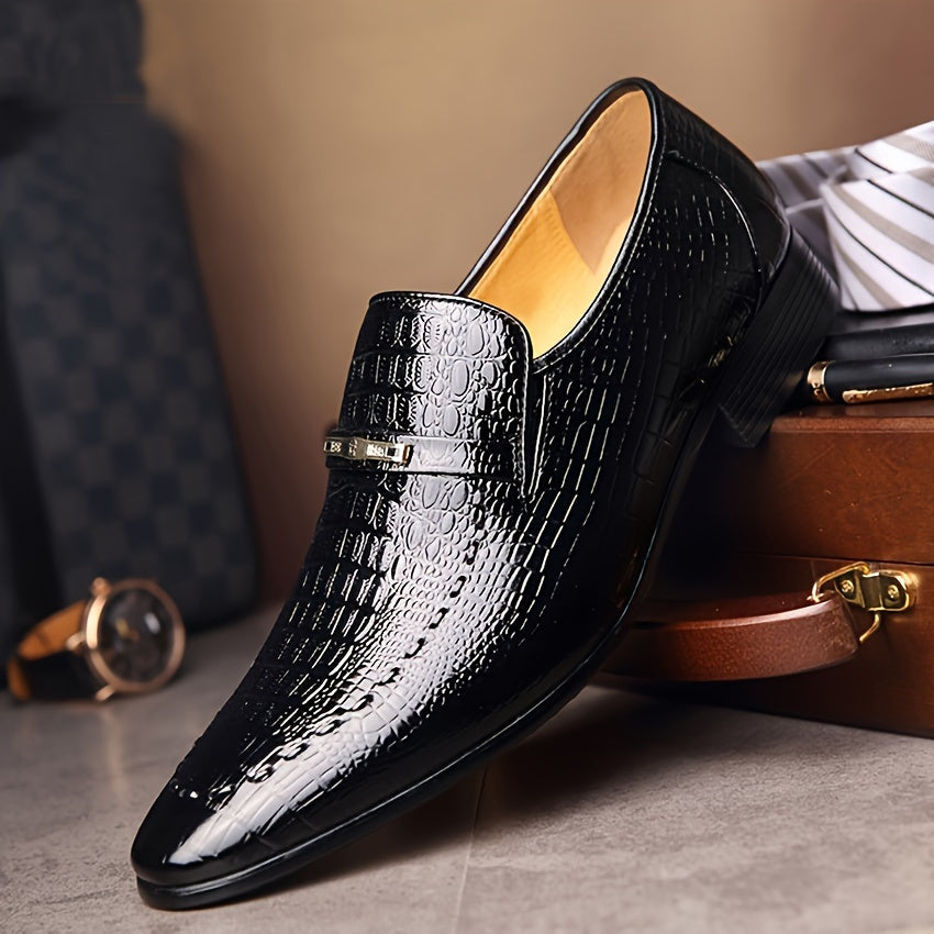 Black crocodile-embossed leather men's Oxford loafers by SHOWLU FASHION STORE, slip-on design with sleek, polished finish