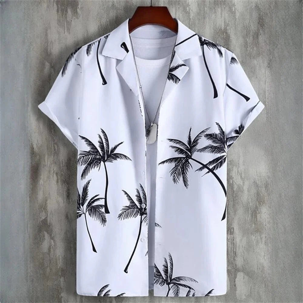 Showlu Fashion men's 3D geometry print short sleeve Hawaiian shirt with colorful block graphics and button lapel details.