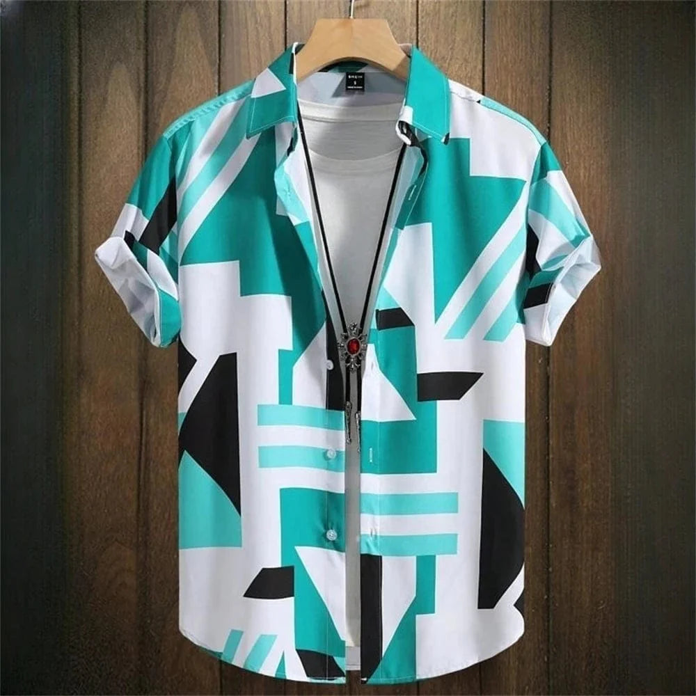 Men's Showlu Fashion 3D Geometry Print Hawaiian shirt with short sleeves, vibrant color block graphics, and button front.
