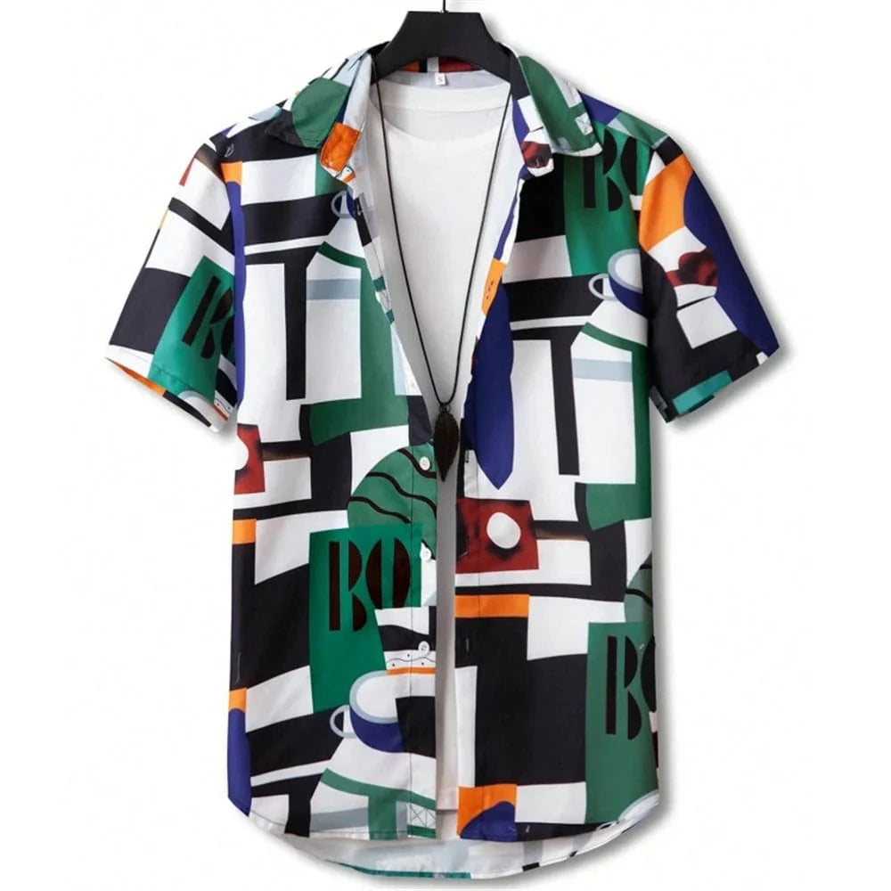 Men's short sleeve Hawaiian shirt featuring bold 3D geometric print, colorful graphics, and button-front design by Showlu Fashion.