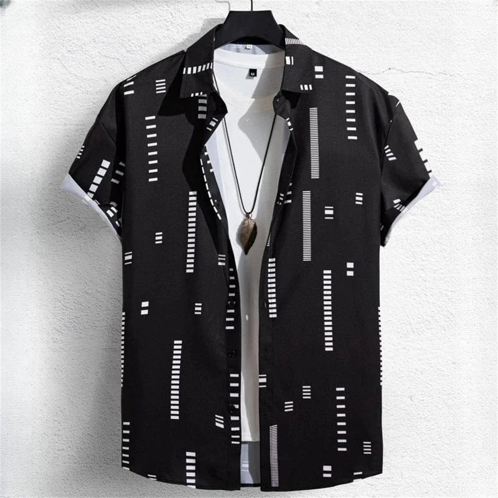 Showlu Fashion men's 3D geometric print Hawaiian shirt with colorful block graphics, short sleeves, and button lapel design.