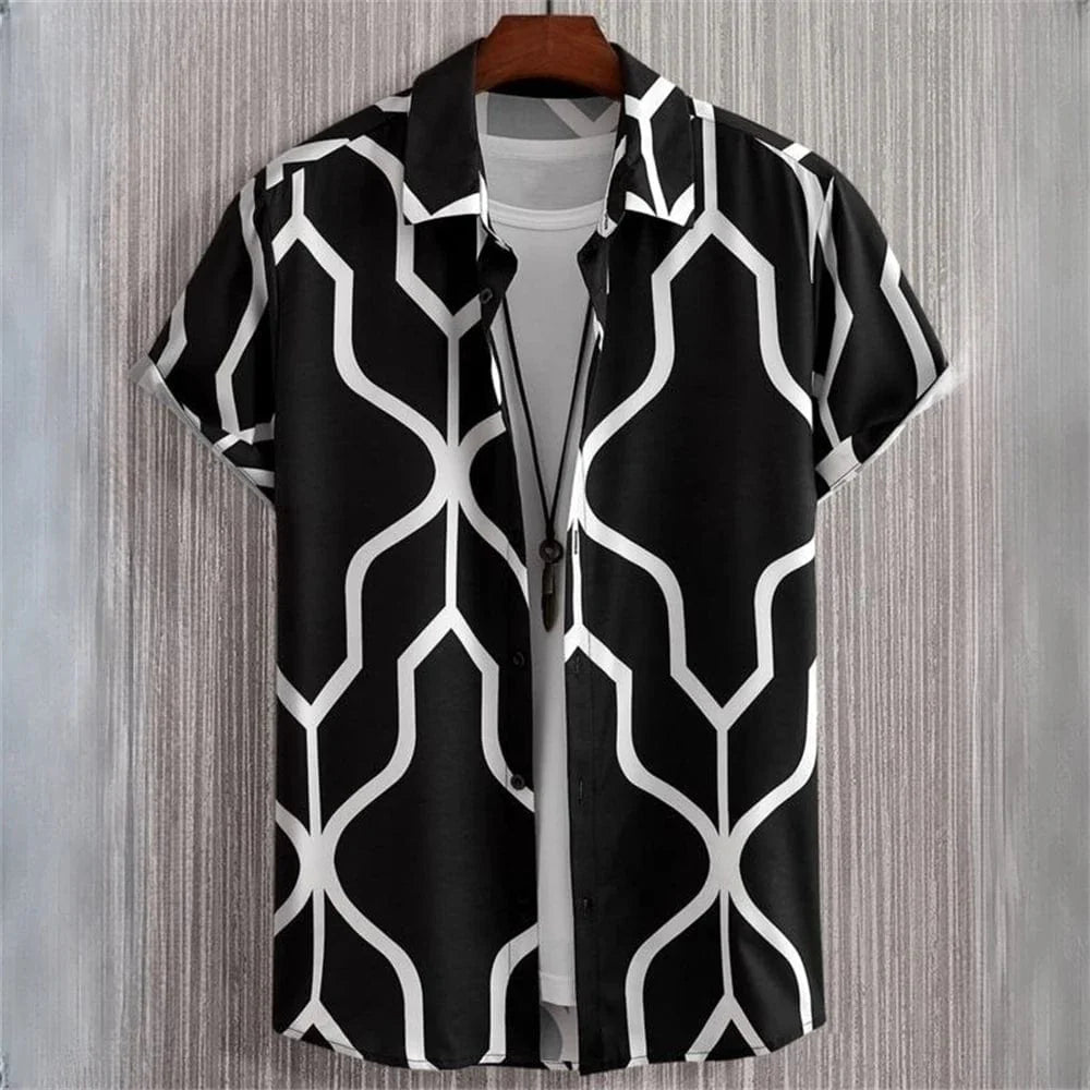 Showlu Fashion men's 3D geometry print short sleeve Hawaiian shirt with color block graphics and button closure, perfect for summer.