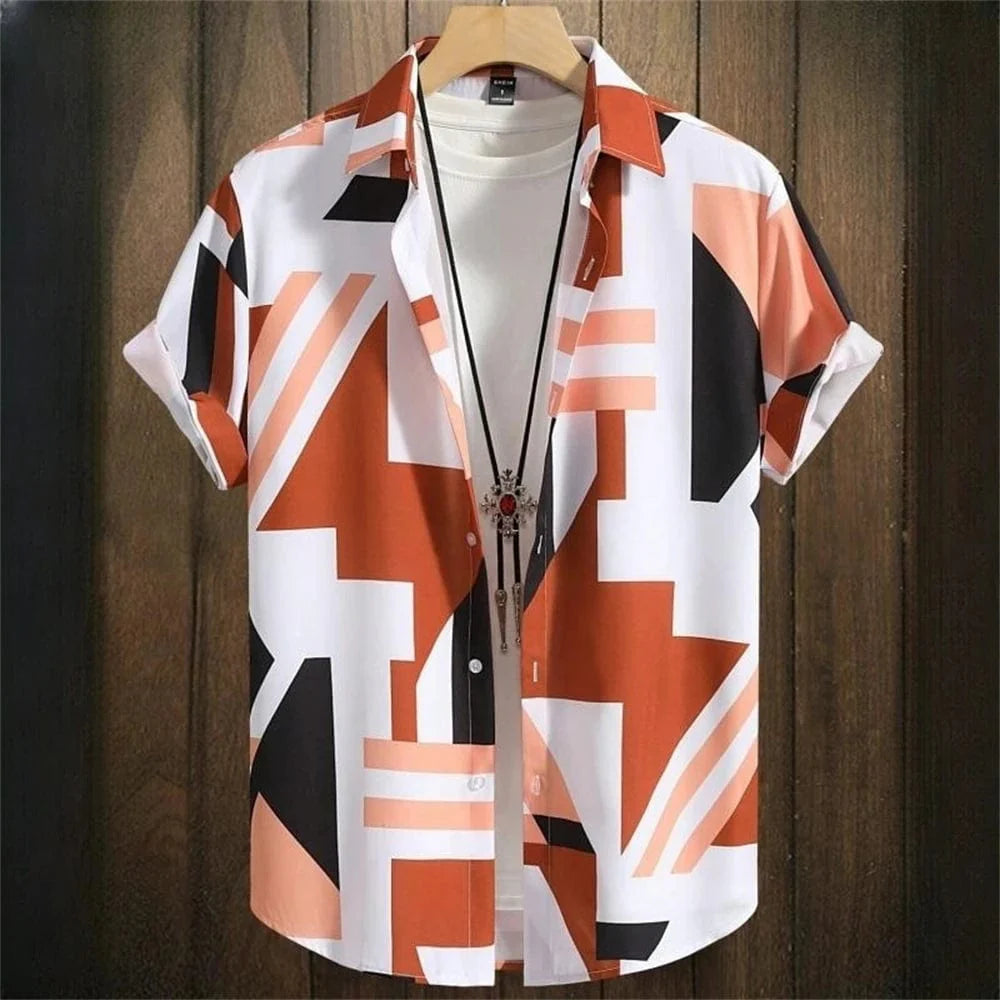Men's Showlu Fashion 3D Geometry Print Hawaiian shirt with short sleeves, colorful block graphics, and button lapel for summer style.