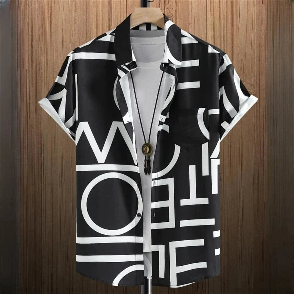 Men's Showlu Fashion 3D Geometry Print Hawaiian shirt with short sleeves, colorful block graphics, and button lapel design.