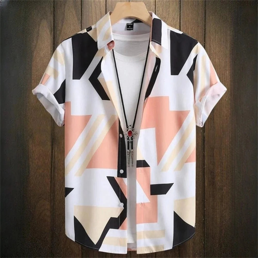 Men's Showlu Fashion 3D Geometry Print Hawaiian shirt with color block graphics, short sleeves, button closure, summer casual wear