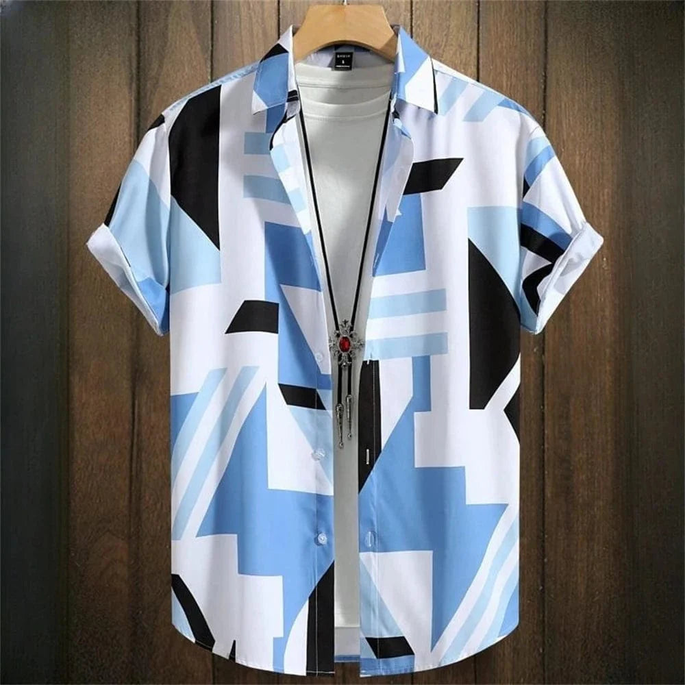 Men's 3D geometry print Hawaiian shirt by Showlu Fashion with short sleeves, vibrant color block graphics, and button lapel design.