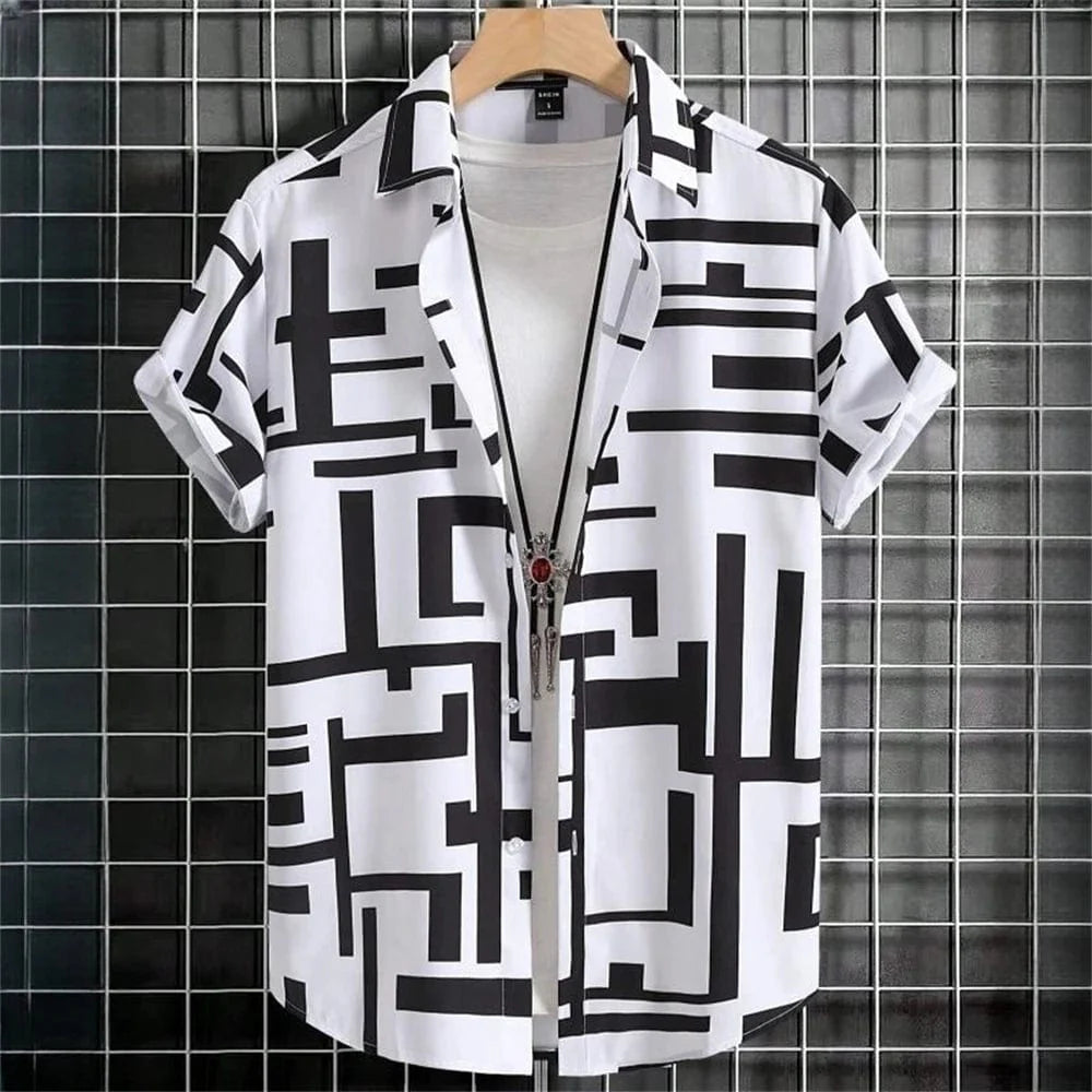 Men's 3D geometry print Hawaiian shirt with short sleeves and button lapel, featuring colorful block graphics for summer wear.