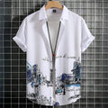 Men's 3D geometry print Hawaiian shirt by Showlu Fashion with short sleeves, colorful block graphics, and button lapel for summer style
