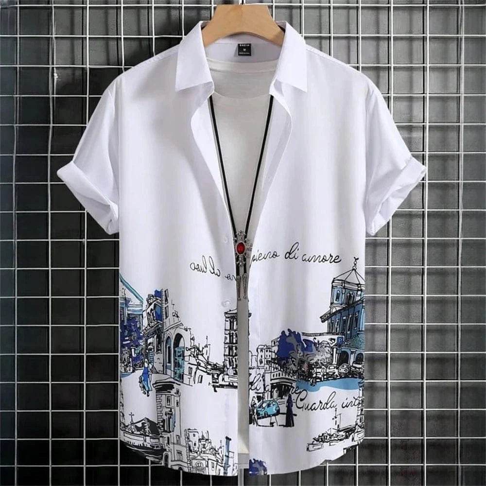 Men's 3D geometry print Hawaiian shirt by Showlu Fashion with short sleeves, colorful block graphics, and button lapel for summer style