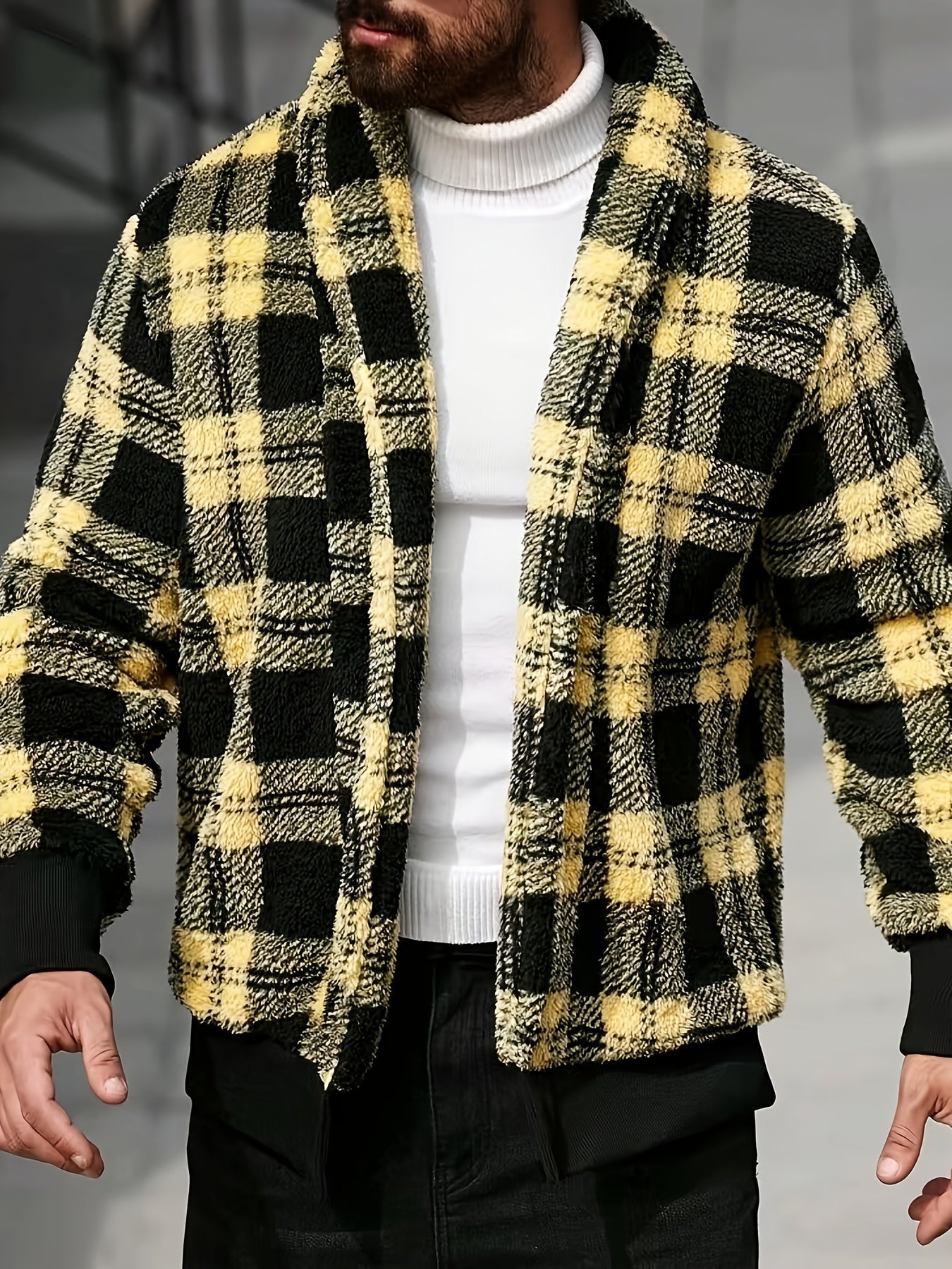 Men's black and yellow checkered plush fleece jacket from SHOWLU FASHION STORE, featuring a soft thermal interior and cozy design.