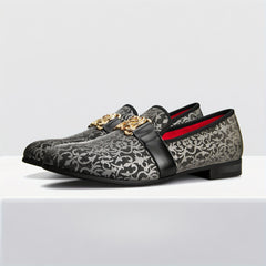 [Floral Pattern Loafers] Elegant Slip-On Loafers - Comfortable Floral Pattern Shoes with Golden Buckle, Black and Red Accents - Perfect for Parties & Streetwear