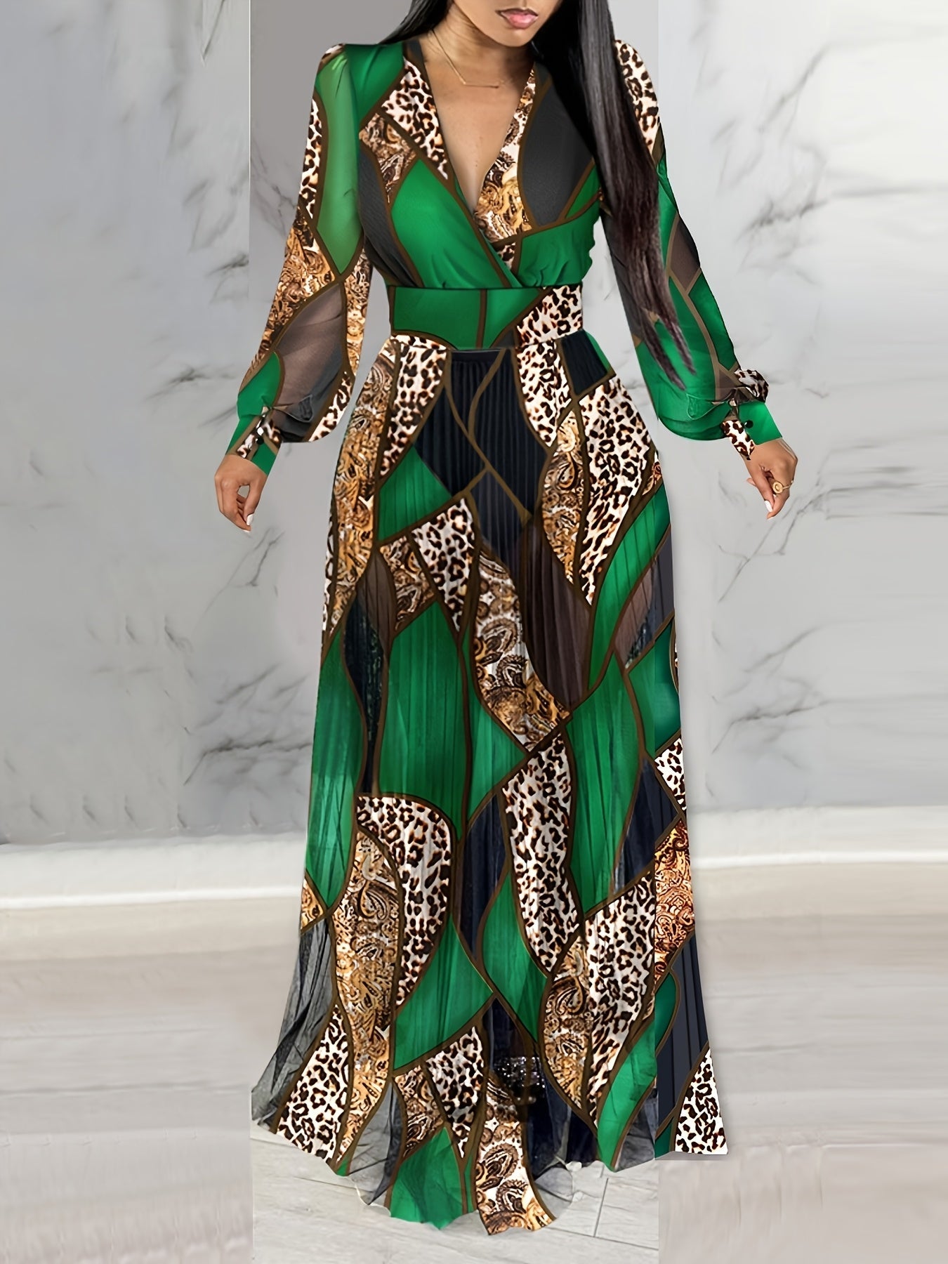 Leopard Print Lantern Sleeve Sheer V-Neck Sheer Mesh Maxi Dress Elegant Evening Dress SHOWLU FASHION STORE