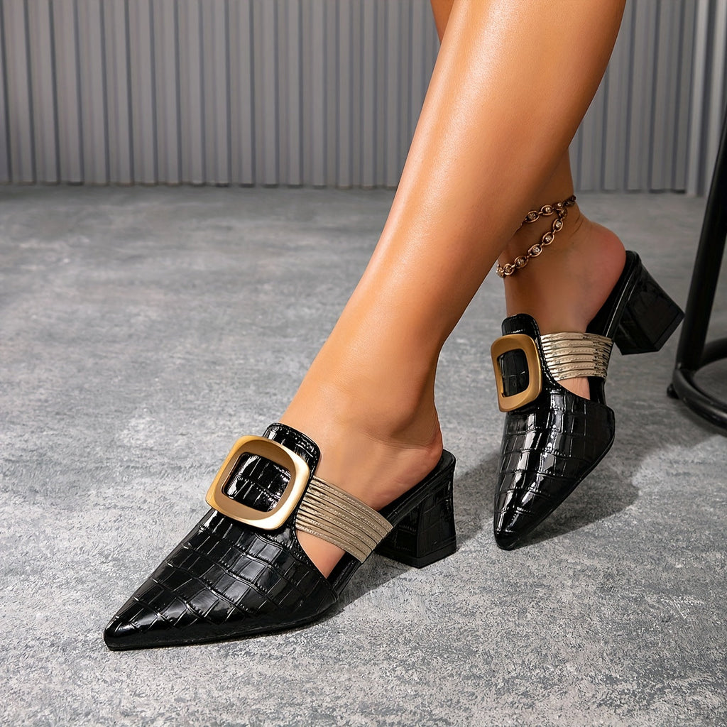 SHOWLU FASHION women's pointed toe block heel mules with buckle, stylish slip-on footwear for women.
