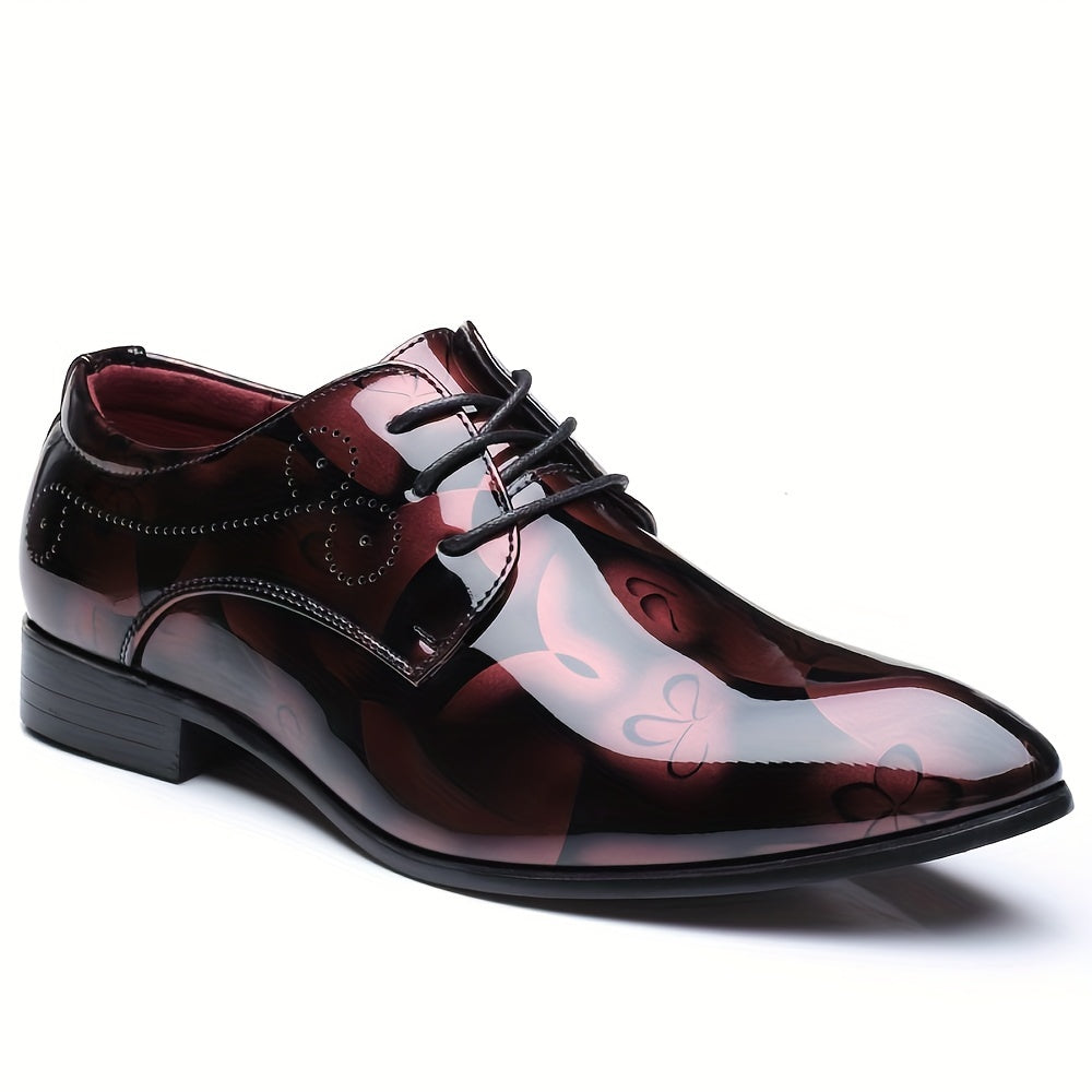 SHOWLU men's flower print pointed toe dress shoes made of PU leather for business and formal occasions.